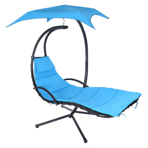 Hanging Curved Steel Chaise Lounge Chair Swing W/Built-in Pillow And Canopy